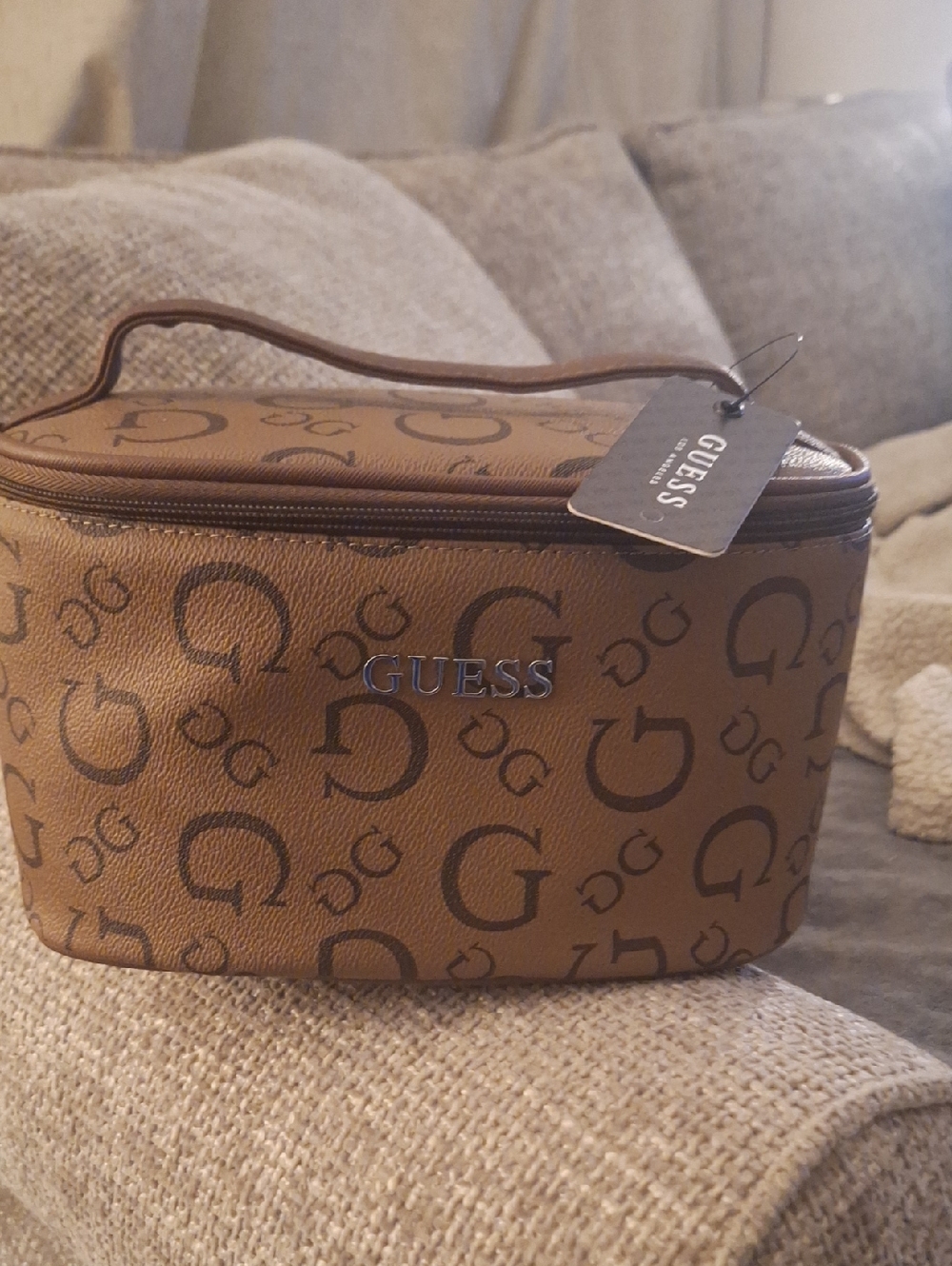 Guess Tan and Dark Brown Monogram Toiletry Case